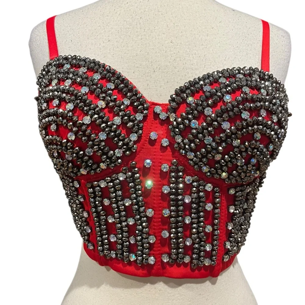 Love J NWT red beaded corset with white and dark silver embellished rhinestones - Picture 2 of 11